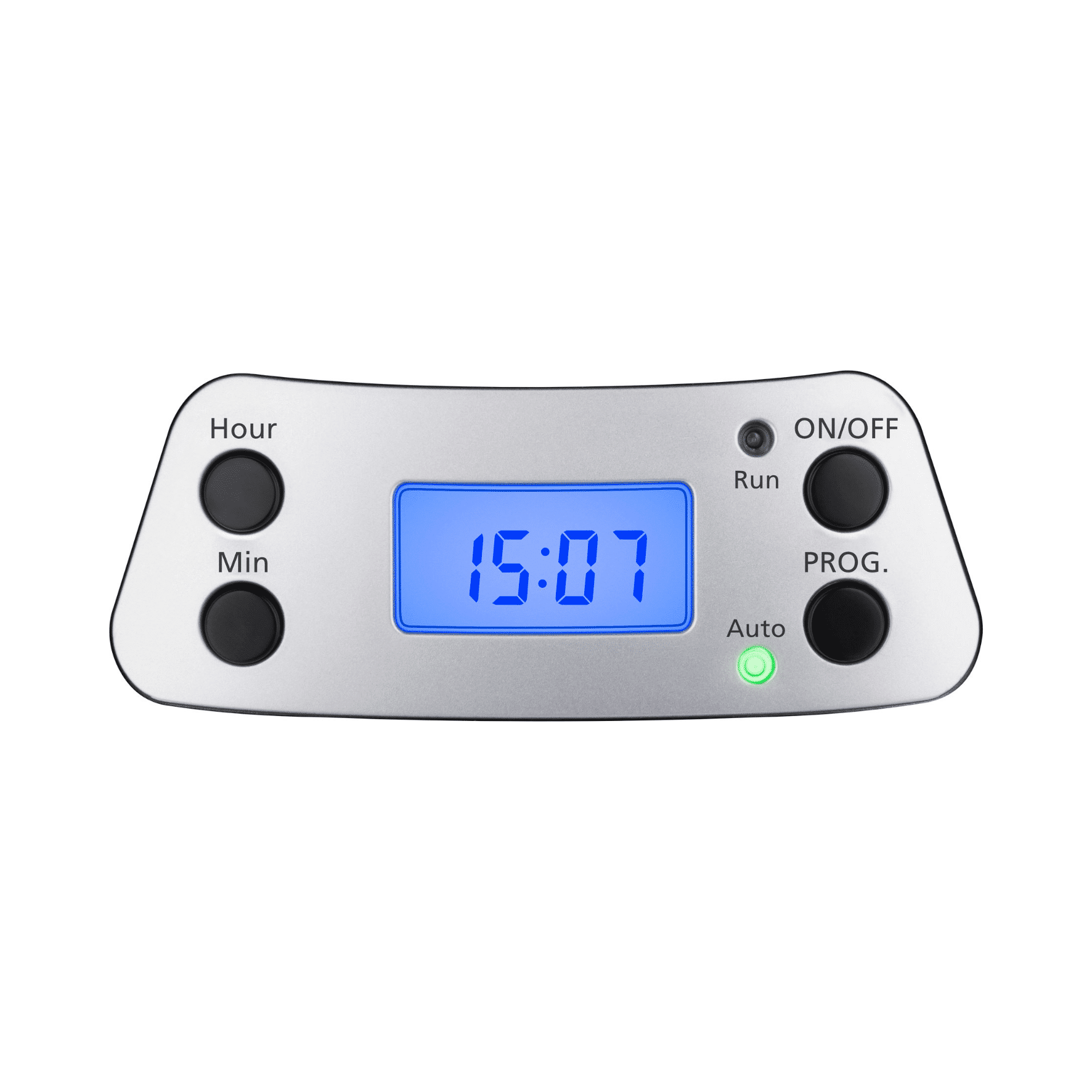 Primer plano de un panel de control plateado con una pantalla digital azul que muestra 15:07. Botones etiquetados.