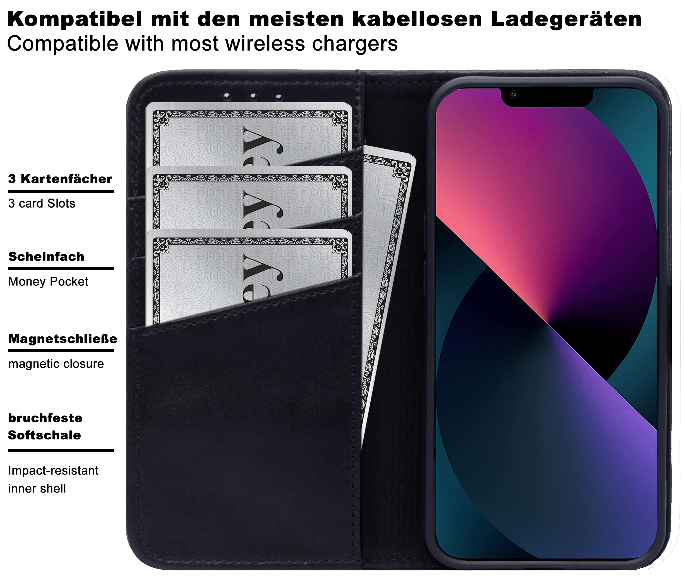 Handytasche, Apple, BURKLEY 13, Schwarz Leder iPhone Bookcover,