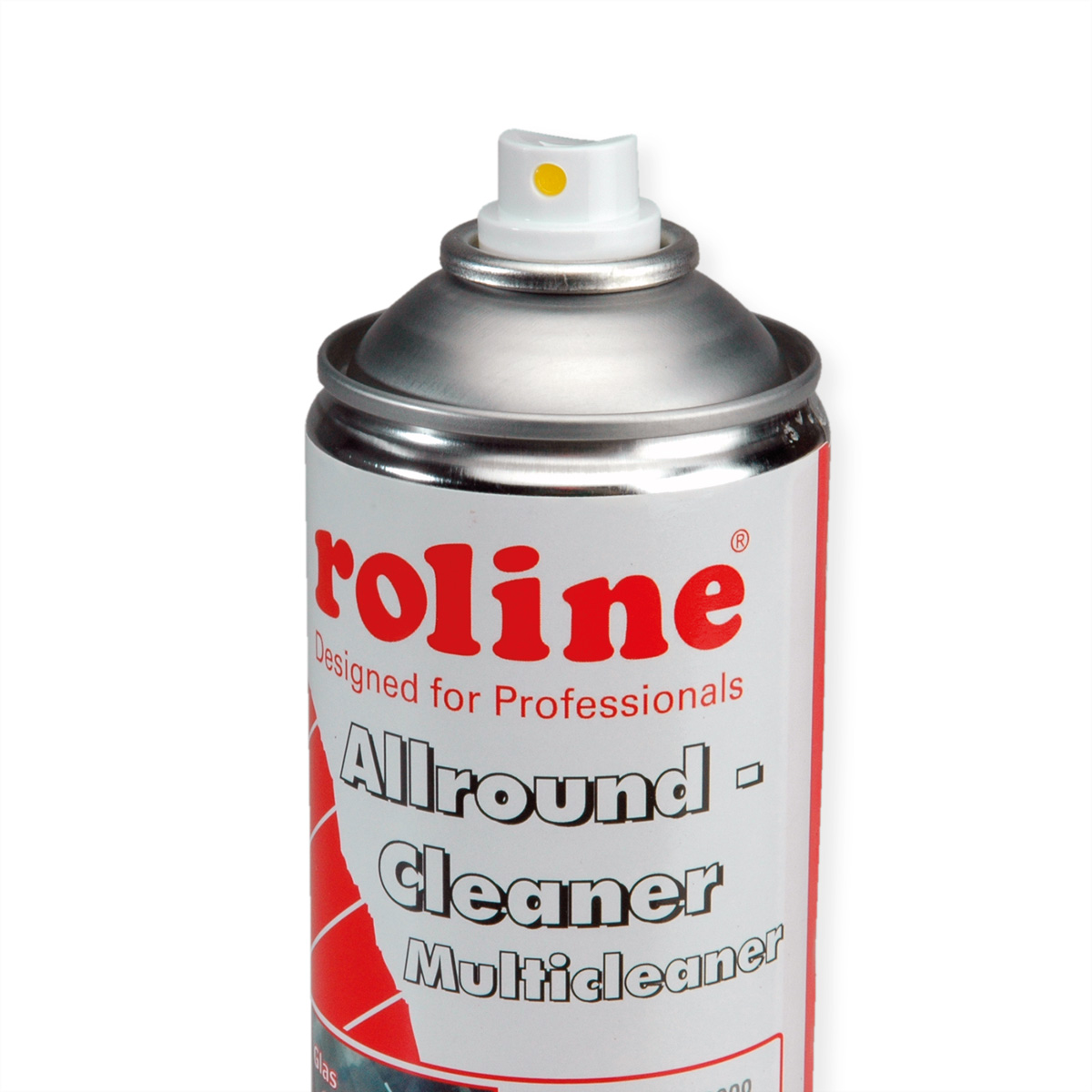 Puszka aerozolu 'Roline Allround Cleaner' z biało-czerwoną etykietą, na białym tle.