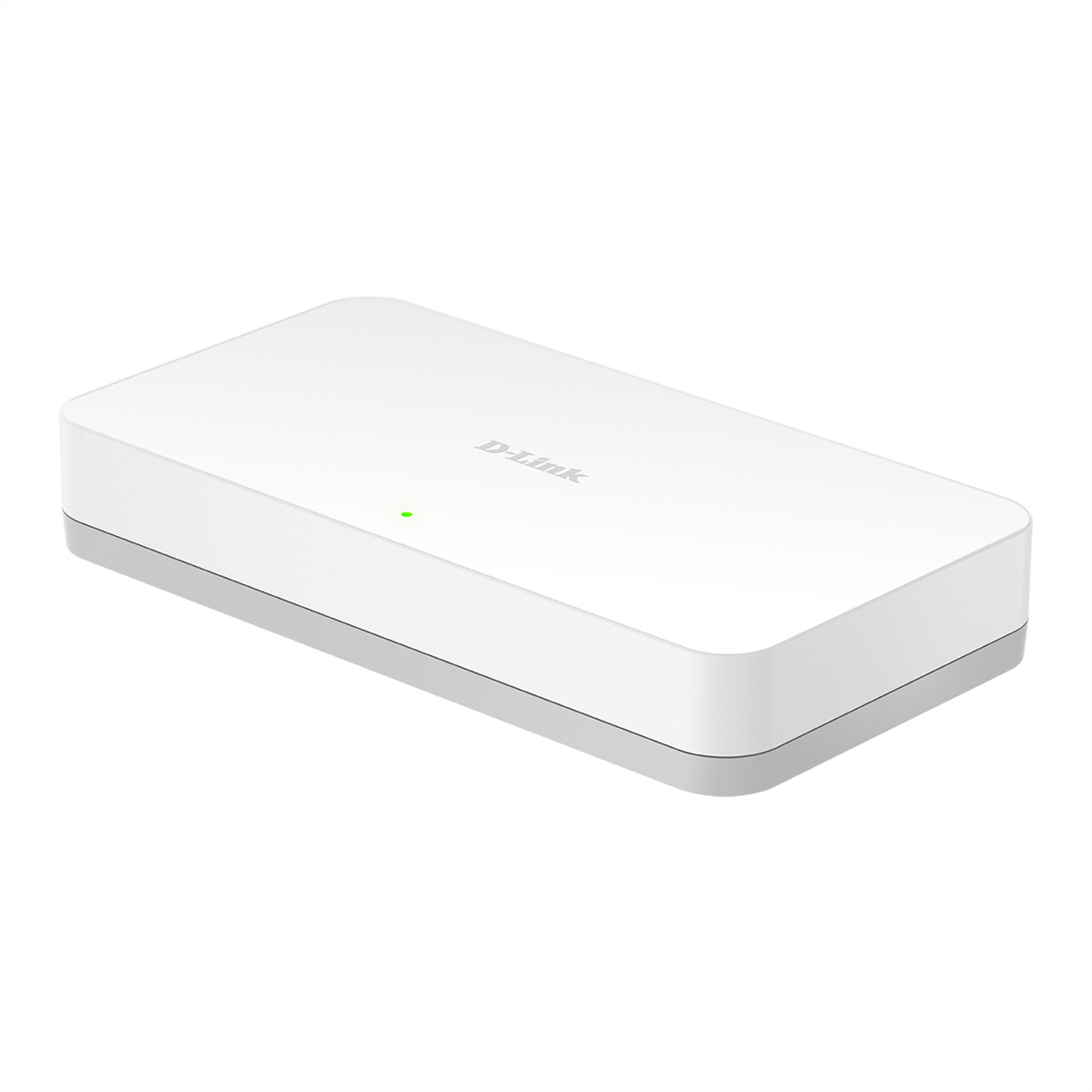 Biały router D-Link. Zielone światło włączone. Szara podstawa.