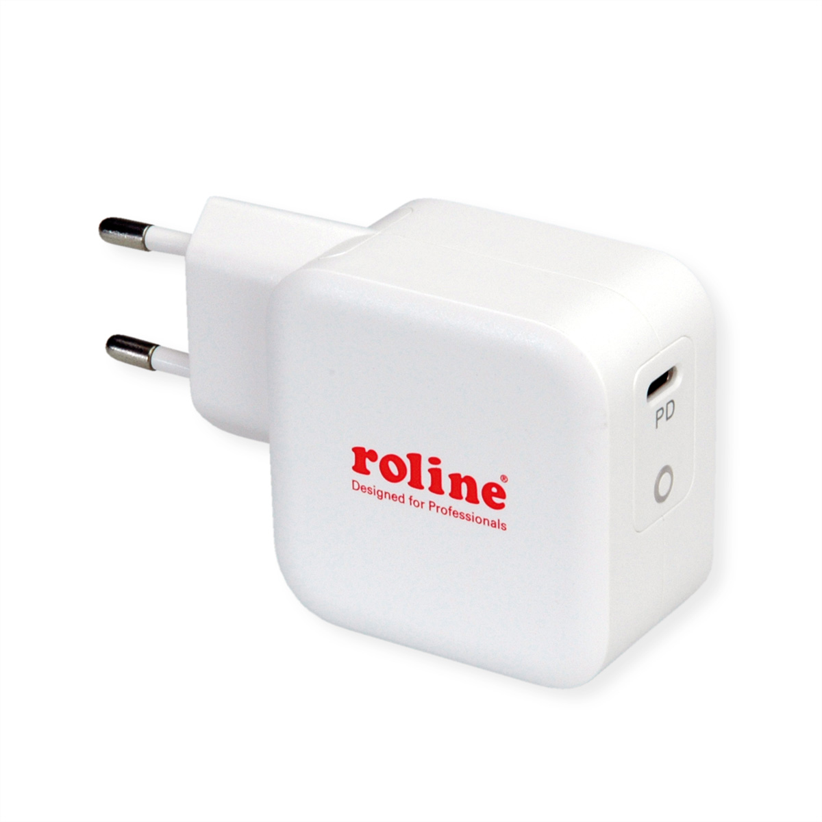 Chargeur blanc avec port USB-C, avec la marque 'roline'.