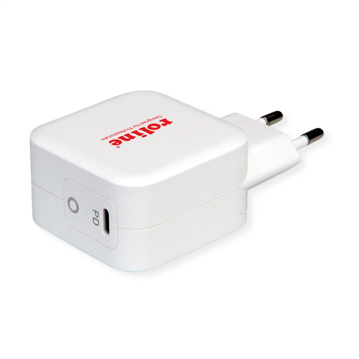 Chargeur Roline blanc avec logo rouge et prise. Port PD visible.