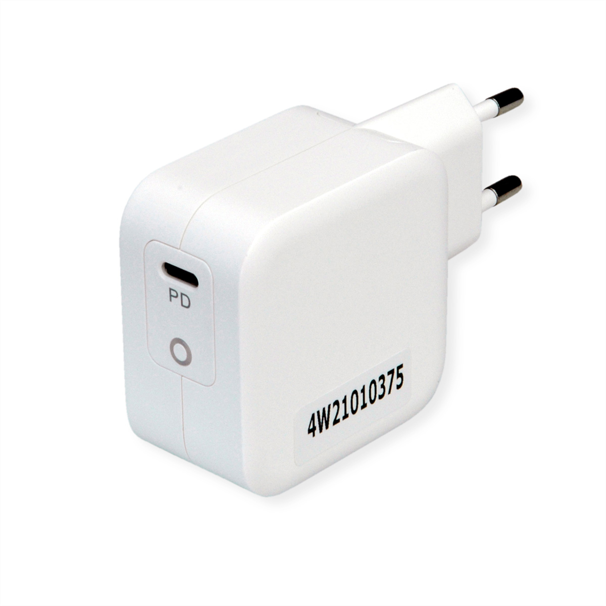 Adaptateur de charge blanc avec un port USB-C et deux broches.