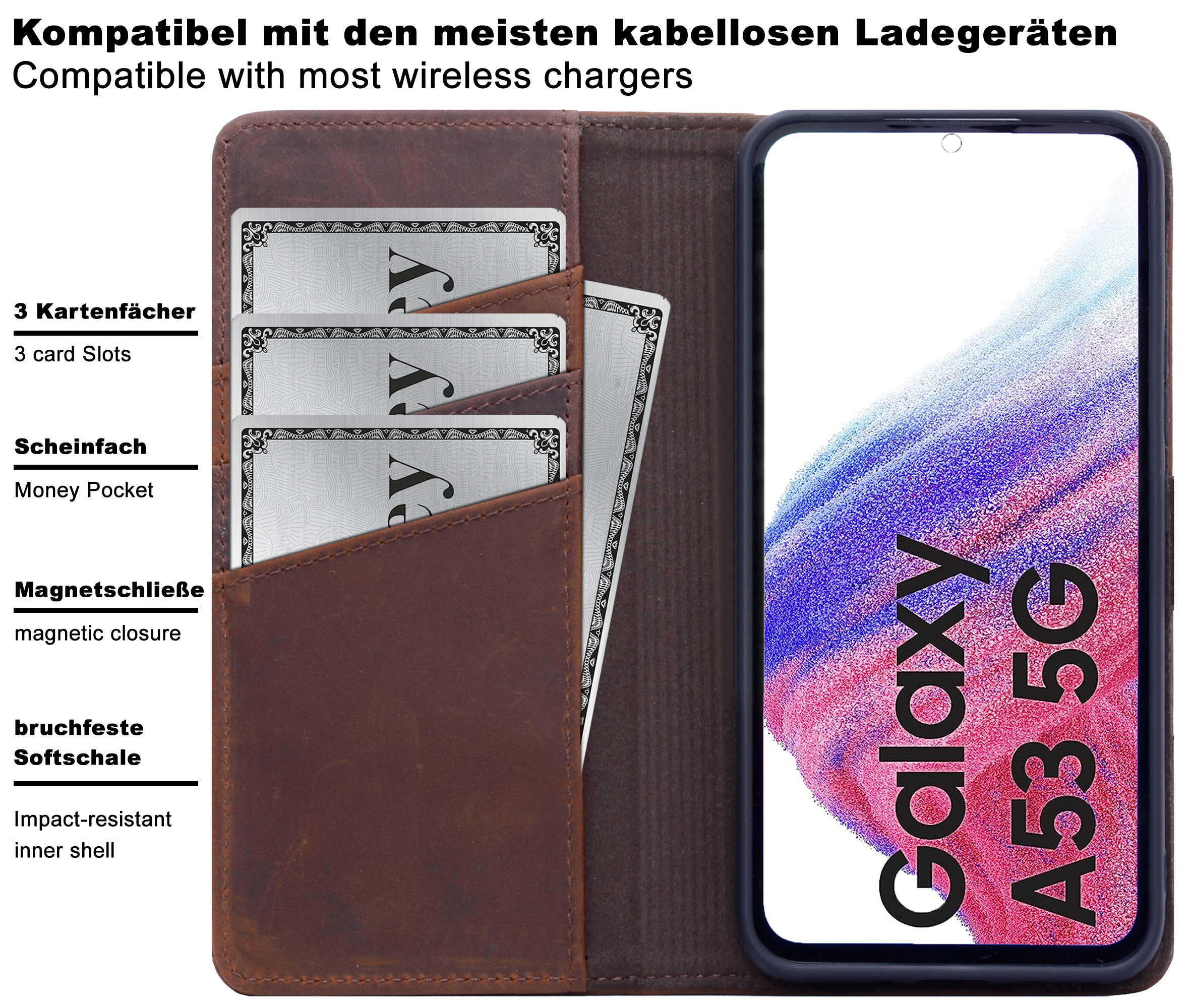 BURKLEY Leder Handytasche, Bookcover, Samsung, Galaxy A53, Brown Coffee