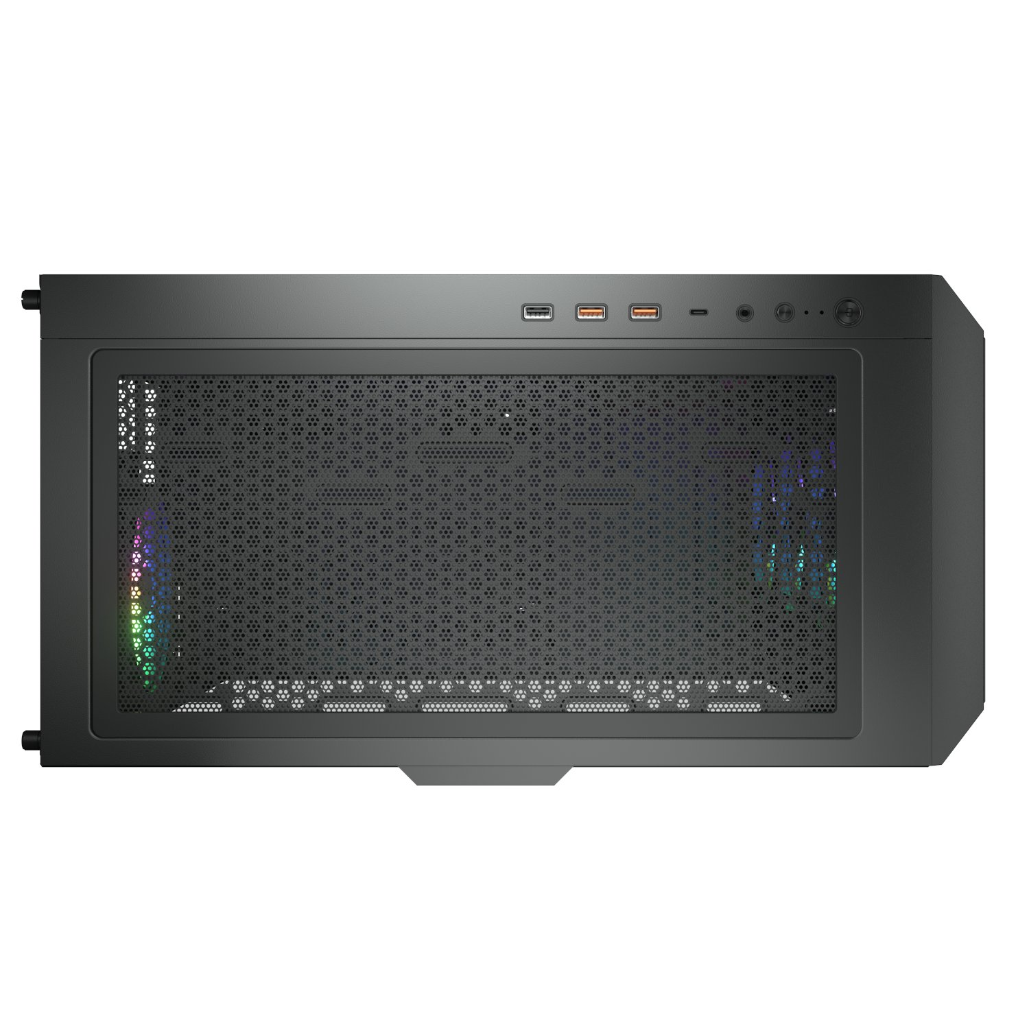 Caja de ordenador negra con panel frontal de malla y puertos arriba.