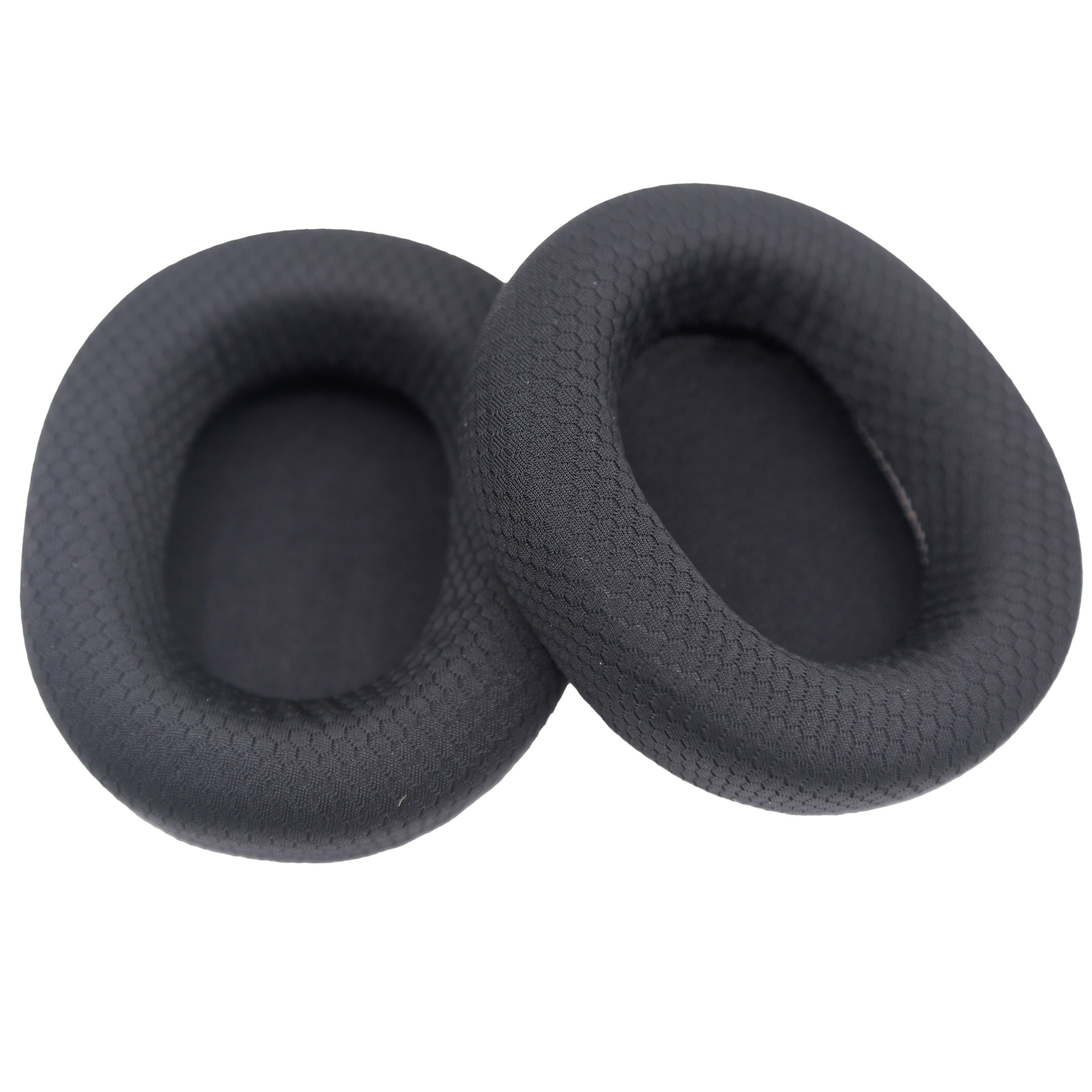 Dwie czarne poduszki nausznika na białym tle.