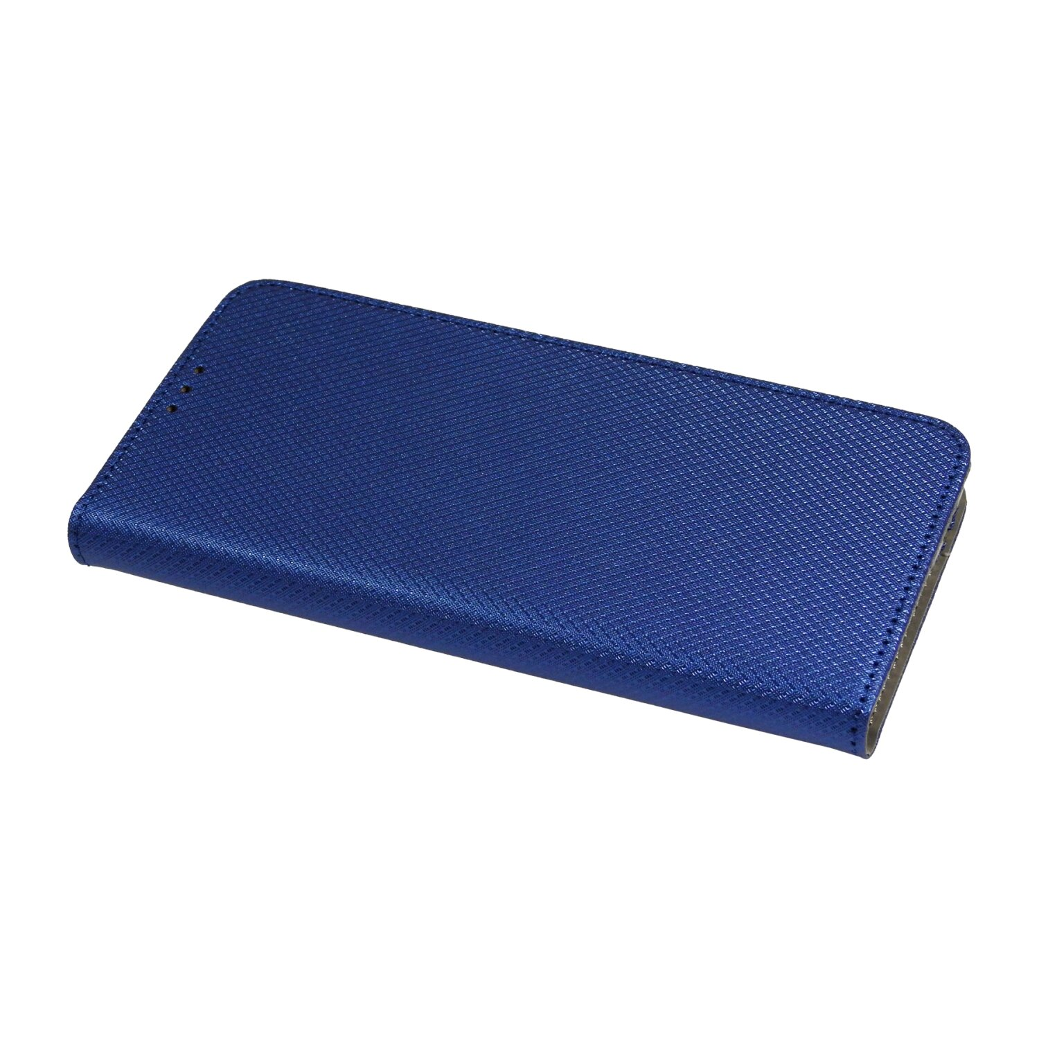 Eine blaue Lederhülle für ein Telefon liegt auf einer weißen Oberfläche und zeigt Textur und Design.