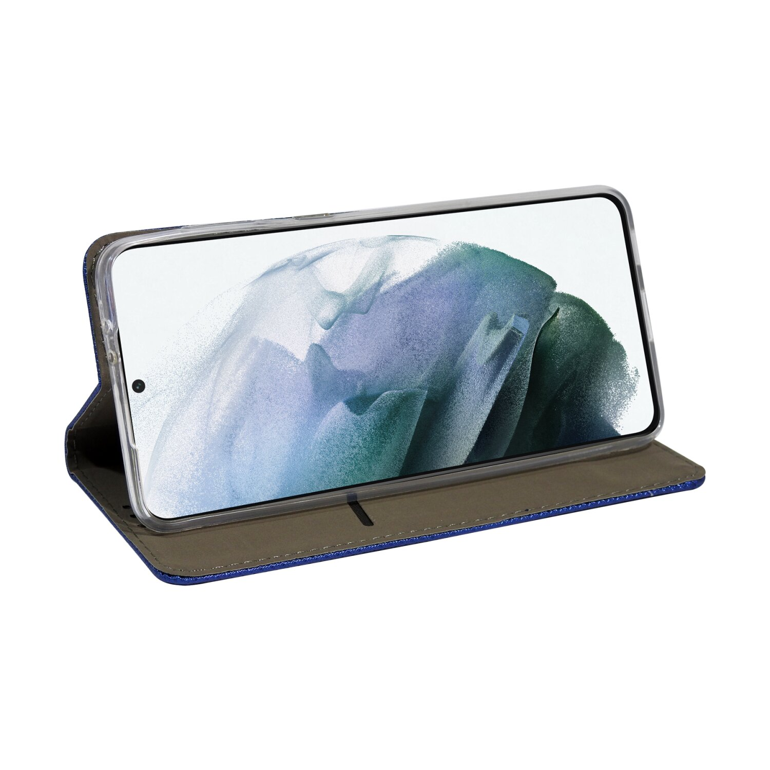 Ein Smartphone in einem blauen Folio-Case, aufgestellt, Bildschirm sichtbar, weißer Hintergrund.