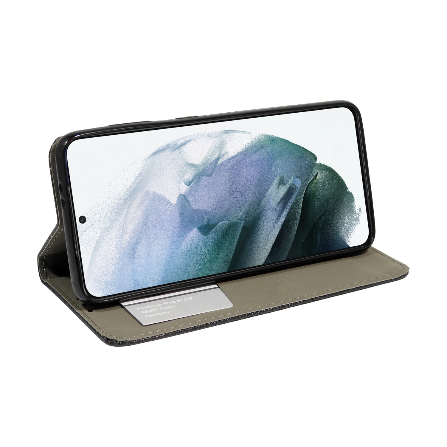 Schwarzes Smartphone in einem offenen Etui. Der Bildschirm zeigt ein digitales Bild.