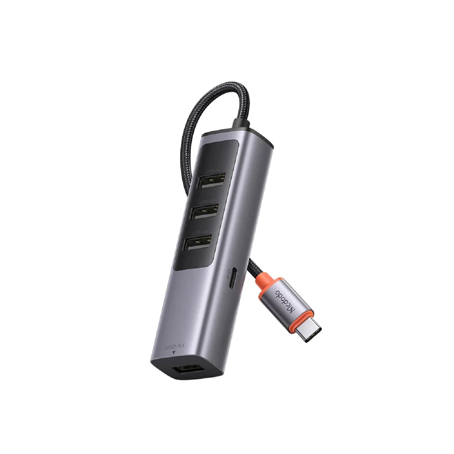 Ein USB-Hub mit mehreren Anschlüssen und einem USB-C-Anschluss.
