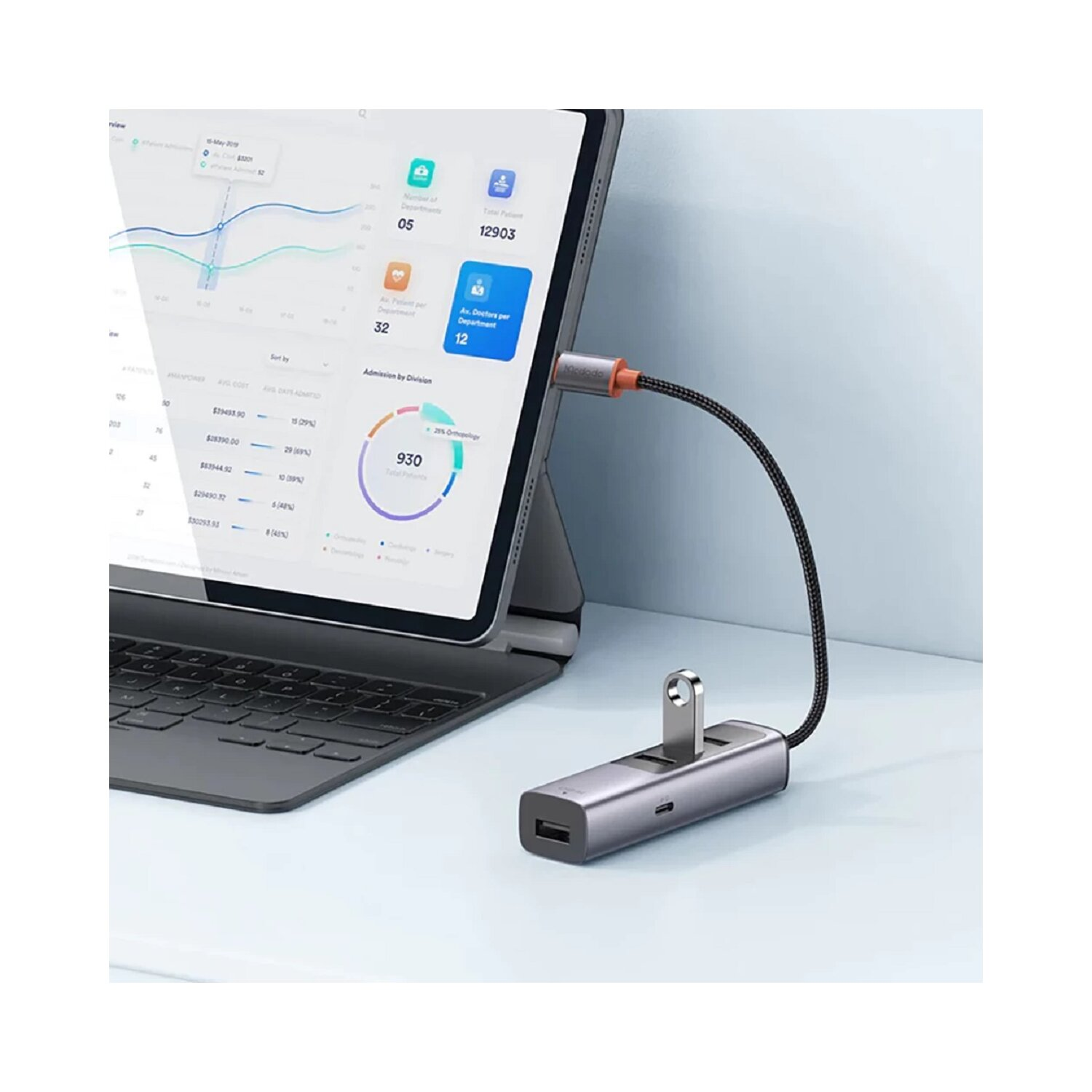 Silberner USB-Hub, der mit einem Laptop verbunden ist. Ein Tablet mit Diagramm ist links.