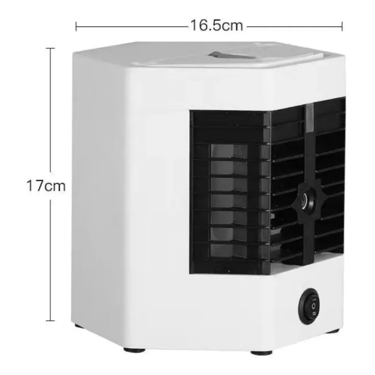 Un enfriador de aire rectangular blanco con dimensiones de 17 cm de alto y 16,5 cm de ancho.