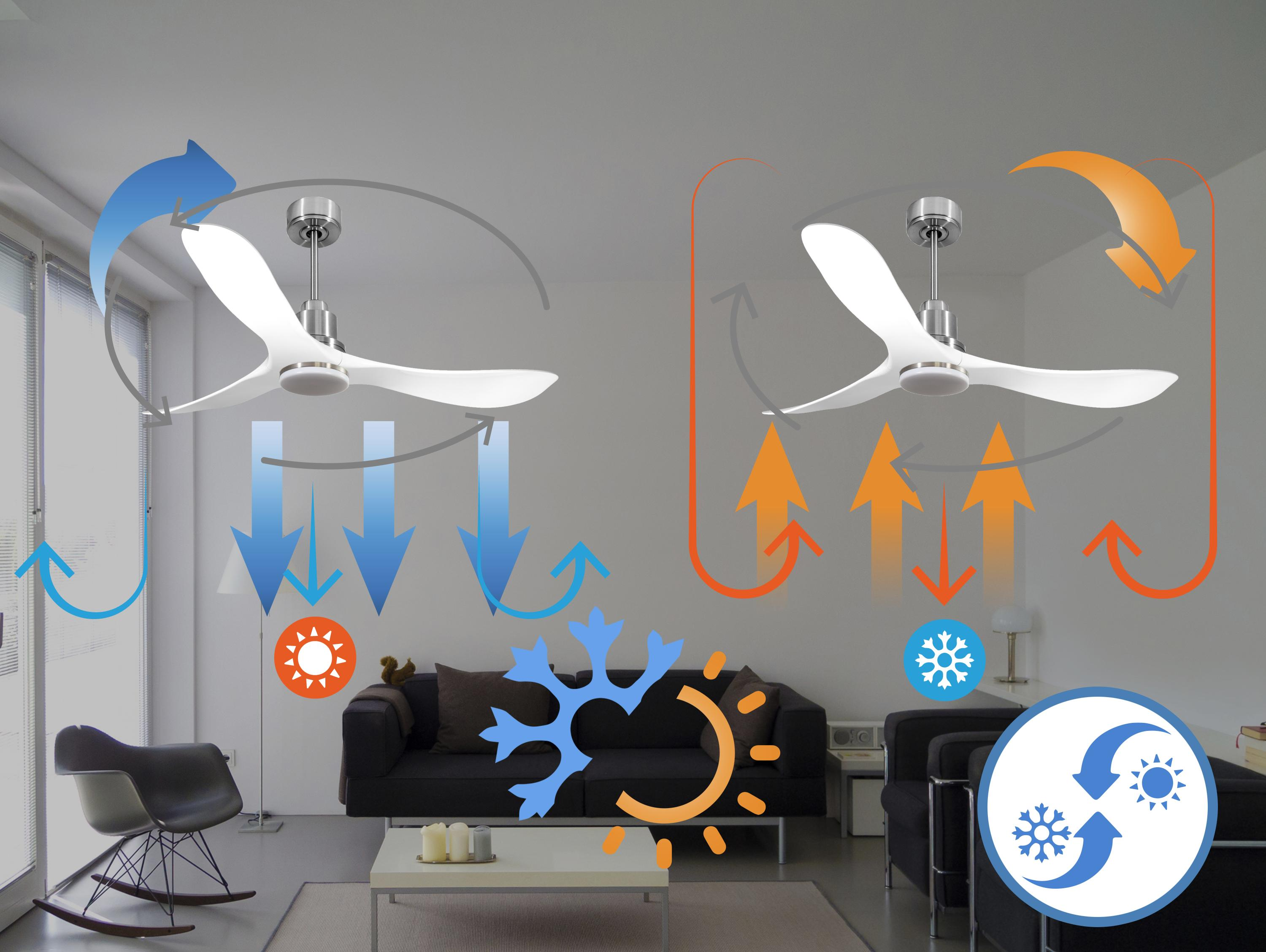 Ventiladores de techo que muestran la circulación del aire. Las flechas indican el flujo de aire. Escena de sala de estar.