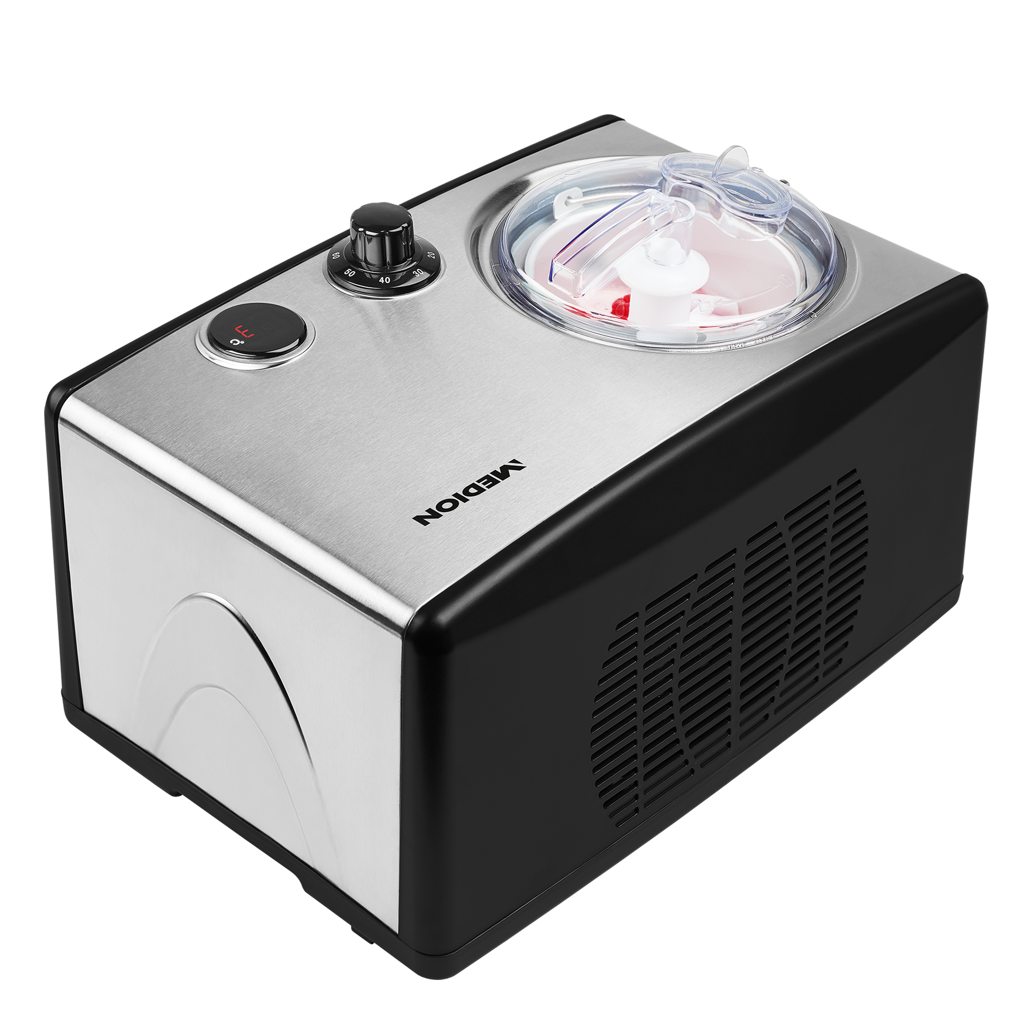 Srebrno-czarna maszyna do lodów. Przezroczysta pokrywa, czarne pokrętło, srebrna powierzchnia, czarna podstawa.