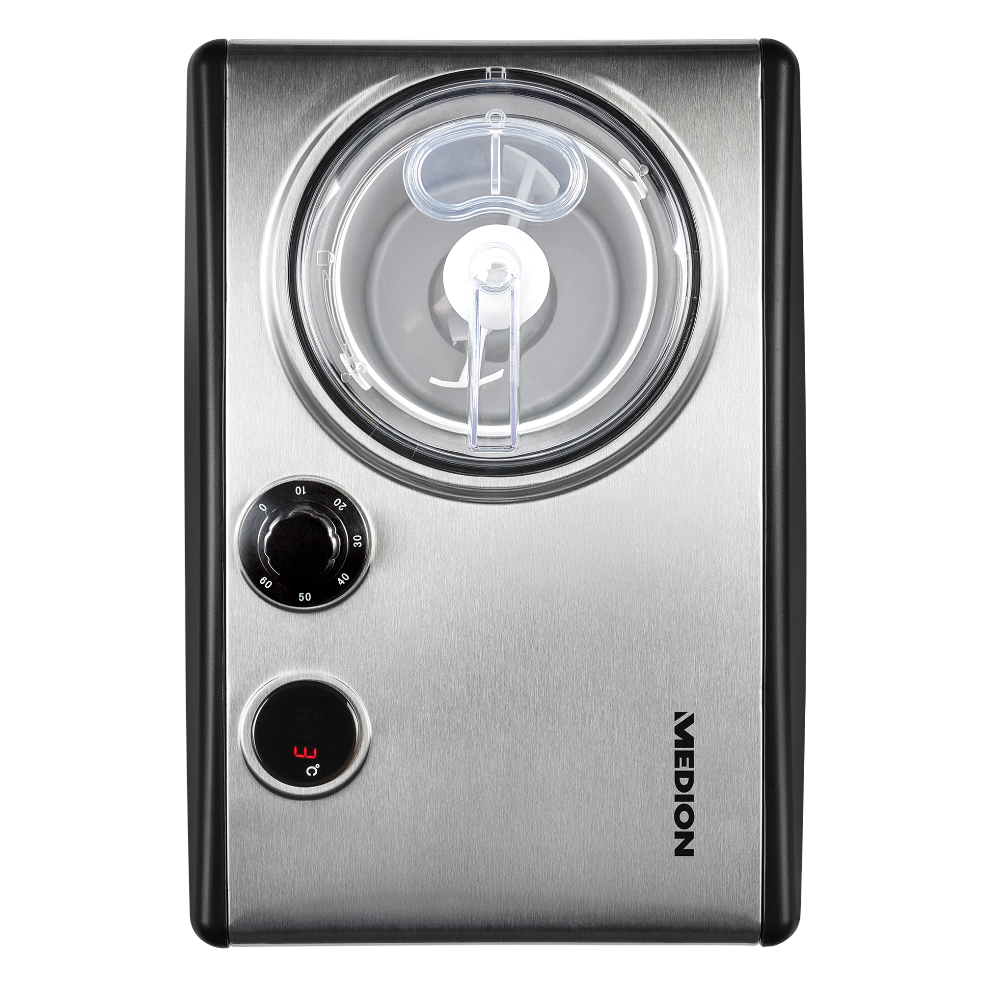 Srebrna maszyna do lodów z czarnymi akcentami, pokazująca pokrętło, przycisk i wyświetlacz cyfrowy.