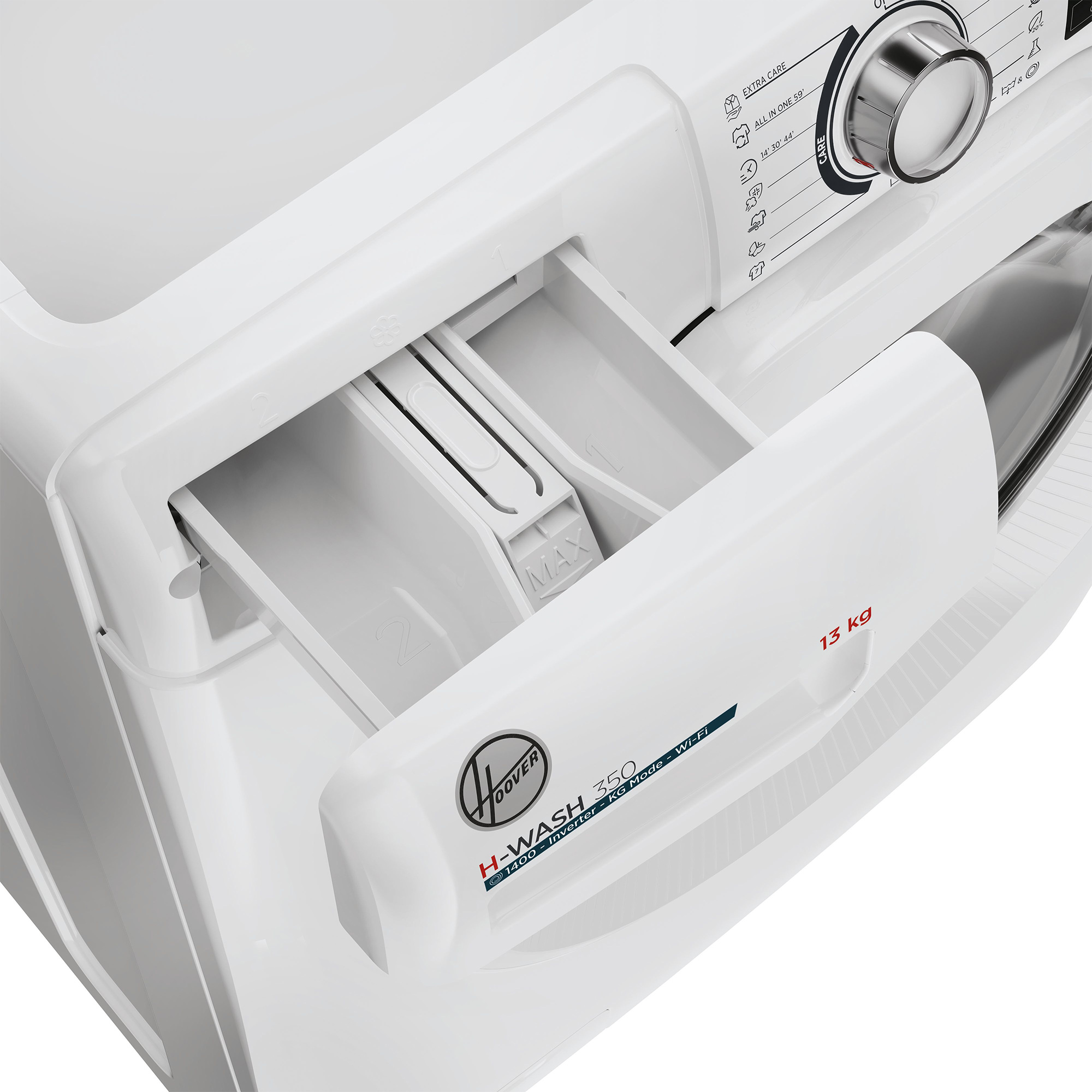 Weiße Waschmaschine. Nahaufnahme der Waschmittelschublade einer weißen Waschmaschine.