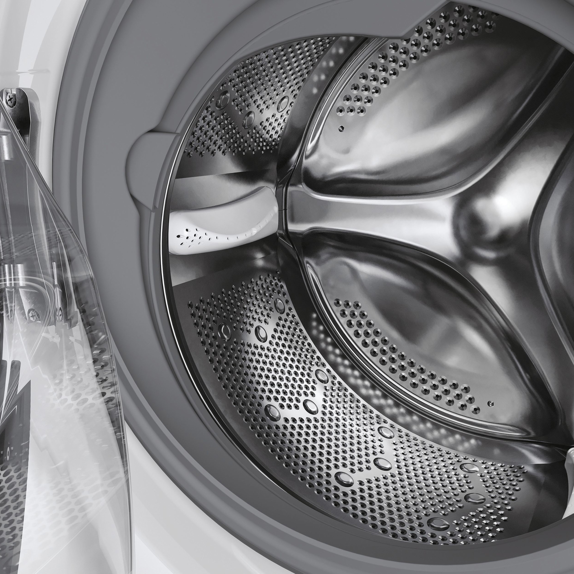 Eine Edelstahltrommel einer Waschmaschine mit Wassertropfen, Nahaufnahme, weißer Hintergrund.