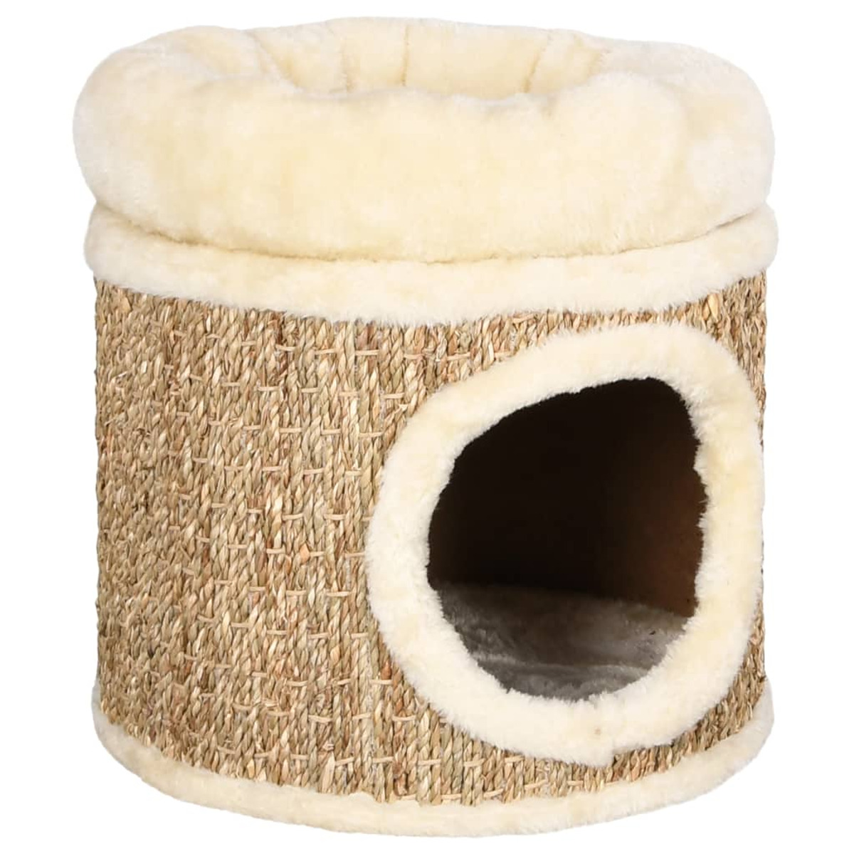 Ein Katzenhaus. Es hat eine runde Öffnung, eine beige Farbe und einen flauschigen Rand. Der Innenraum ist hell.