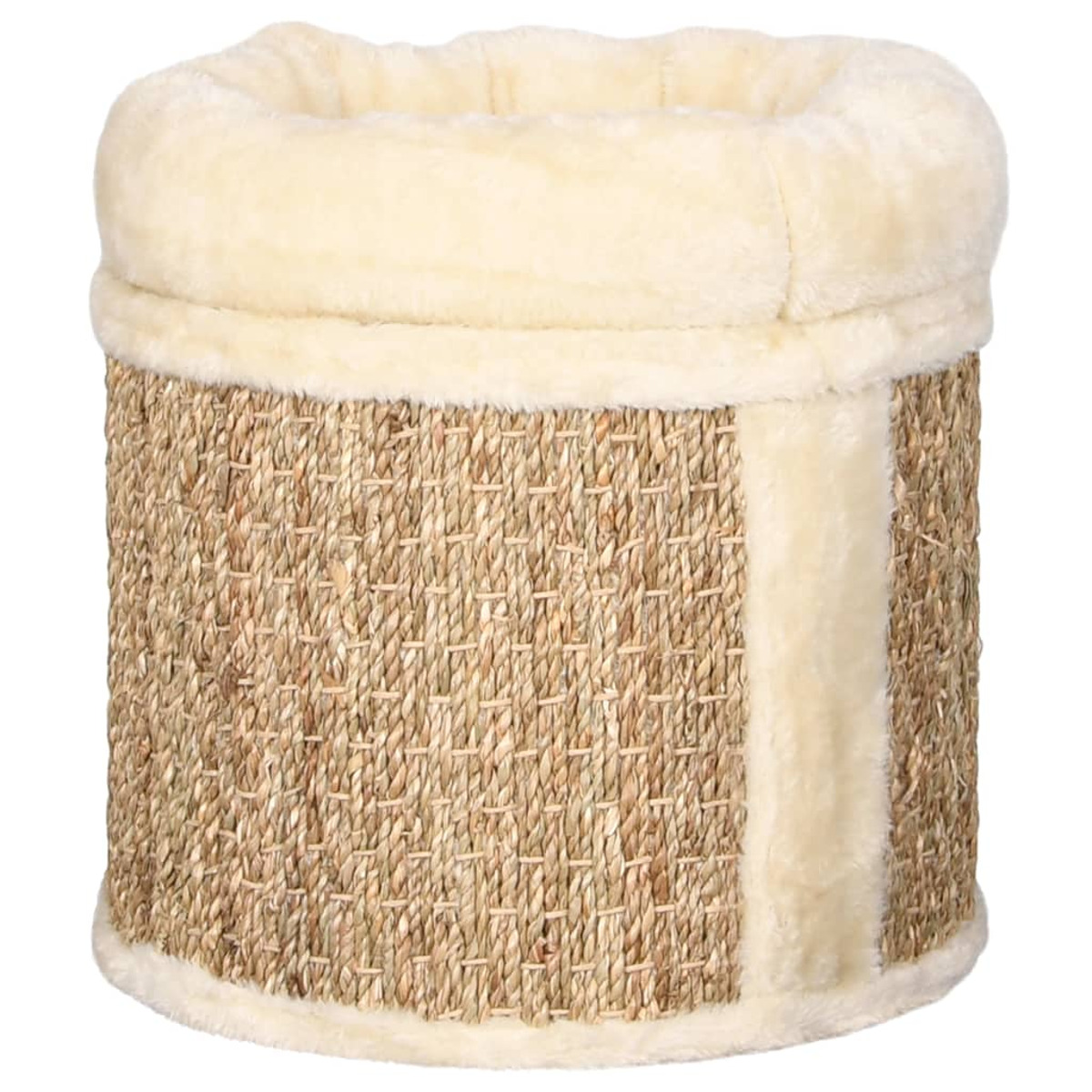 Katzenbett. Zylindrische Form. Gewebte Basis mit flauschigem, hellbeigem Oberteil.