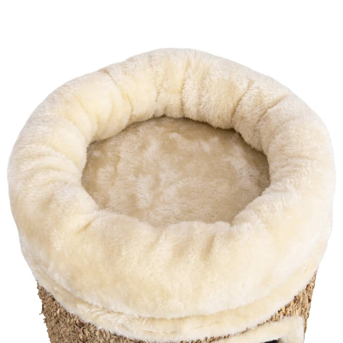 Cremefarbenes, flauschiges Katzenbett, innen mit gewebter brauner Außenhaut.
