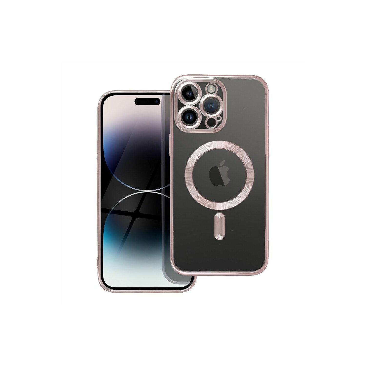 iPhone con custodia oro rosa. La custodia è trasparente con cornice oro rosa e anello magnetico circolare.