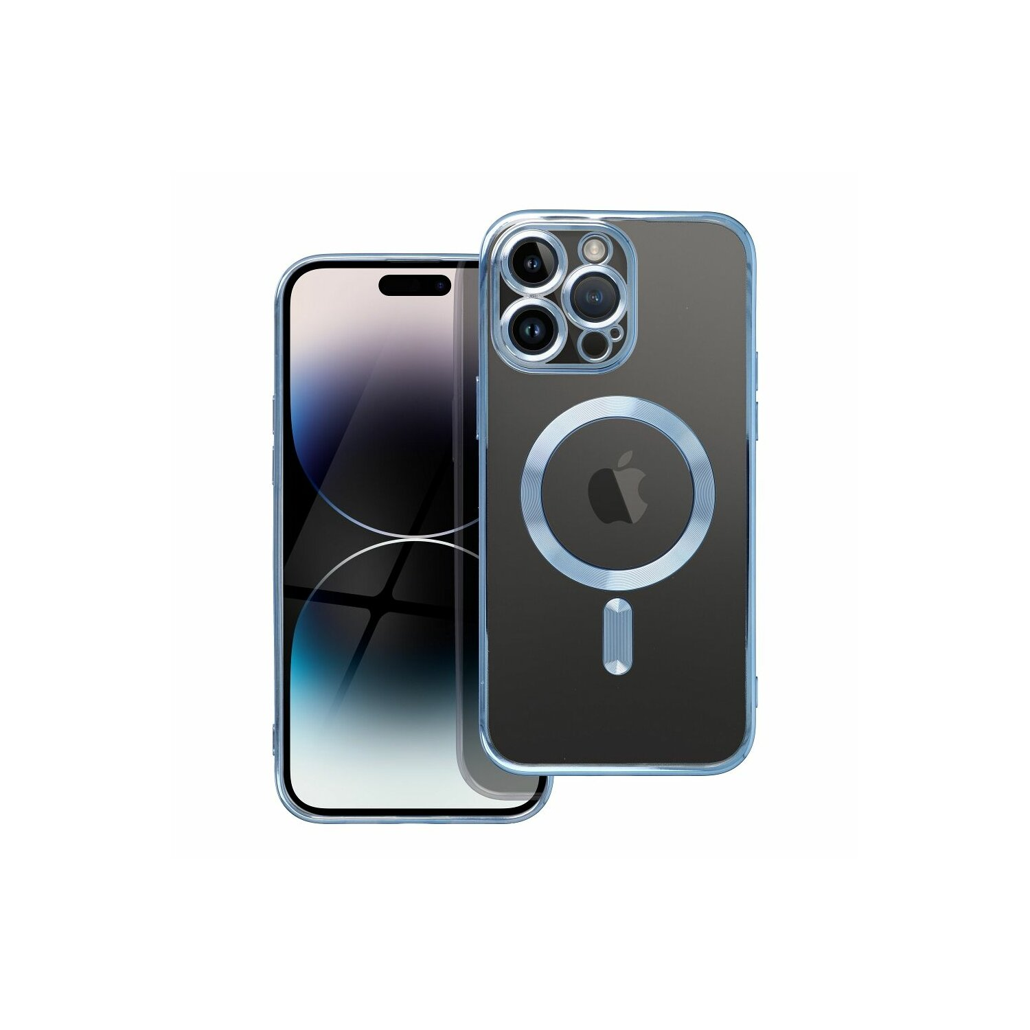 Due custodie per iPhone, una su un telefono, l'altra dietro. Entrambe le custodie sono blu e trasparenti.