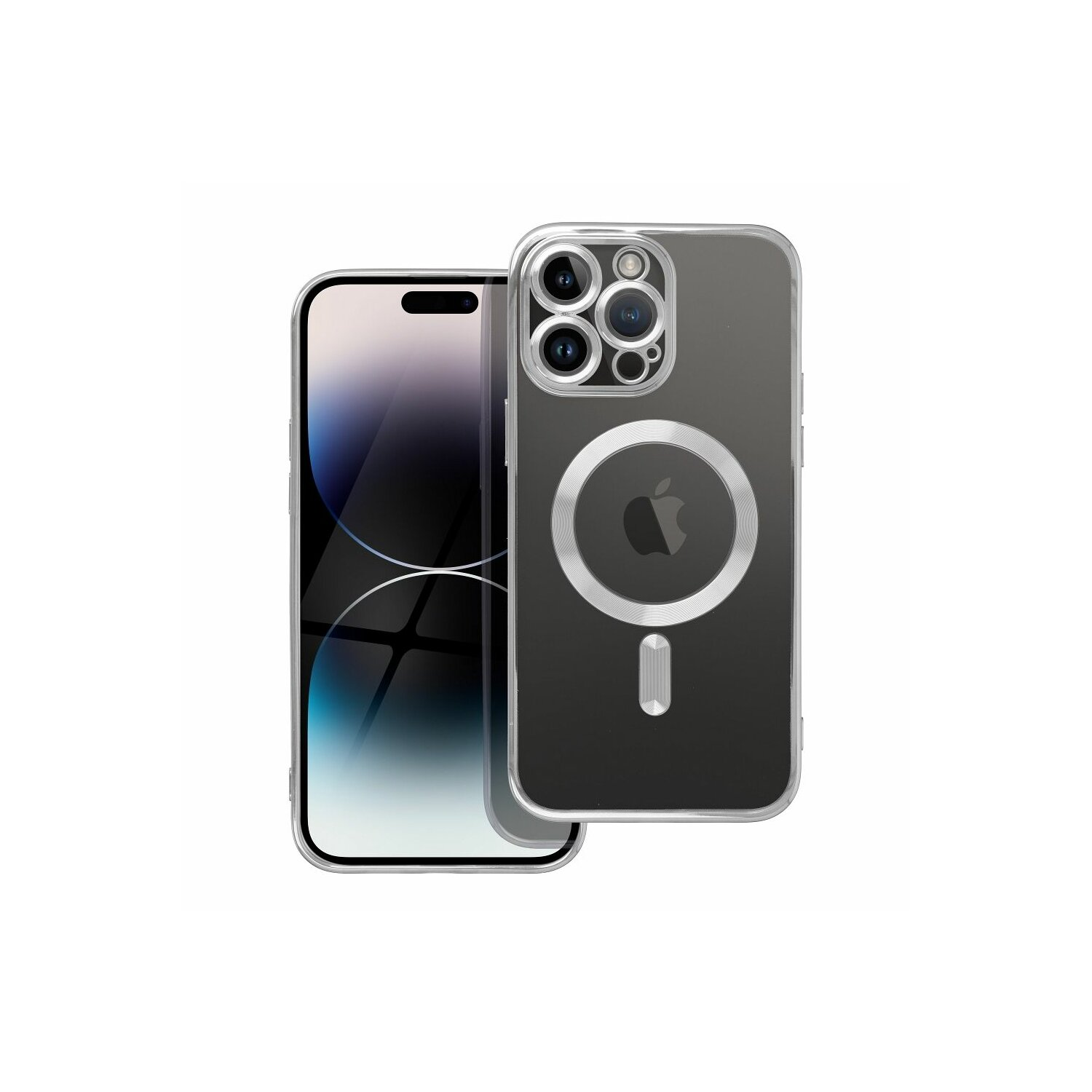 Un iPhone argentato con una custodia trasparente, che mostra le lenti della fotocamera e un anello metallico.