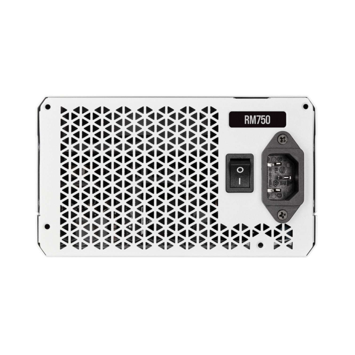 Biały zasilacz z czarnym przełącznikiem i wejściem zasilania na białym tle.