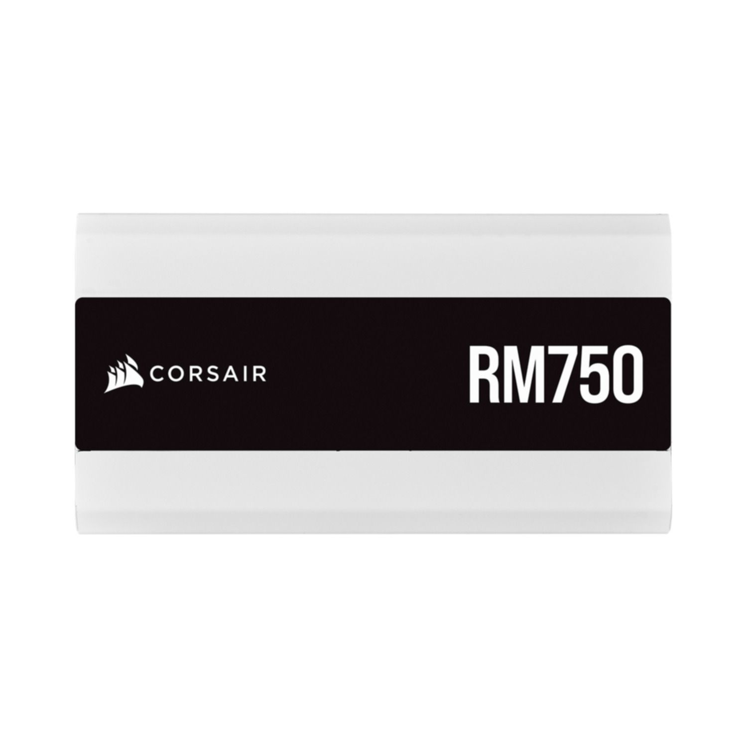 Biały i czarny zasilacz Corsair RM750. Urządzenie ma logo Corsair i napis 'RM750'.