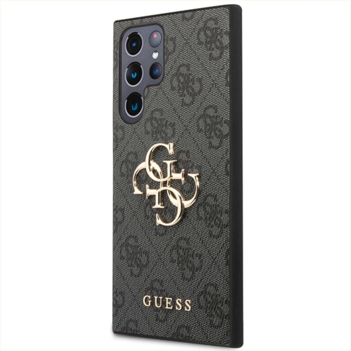 Una custodia per telefono con logo Guess, stampata con un motivo monogramma su sfondo scuro.