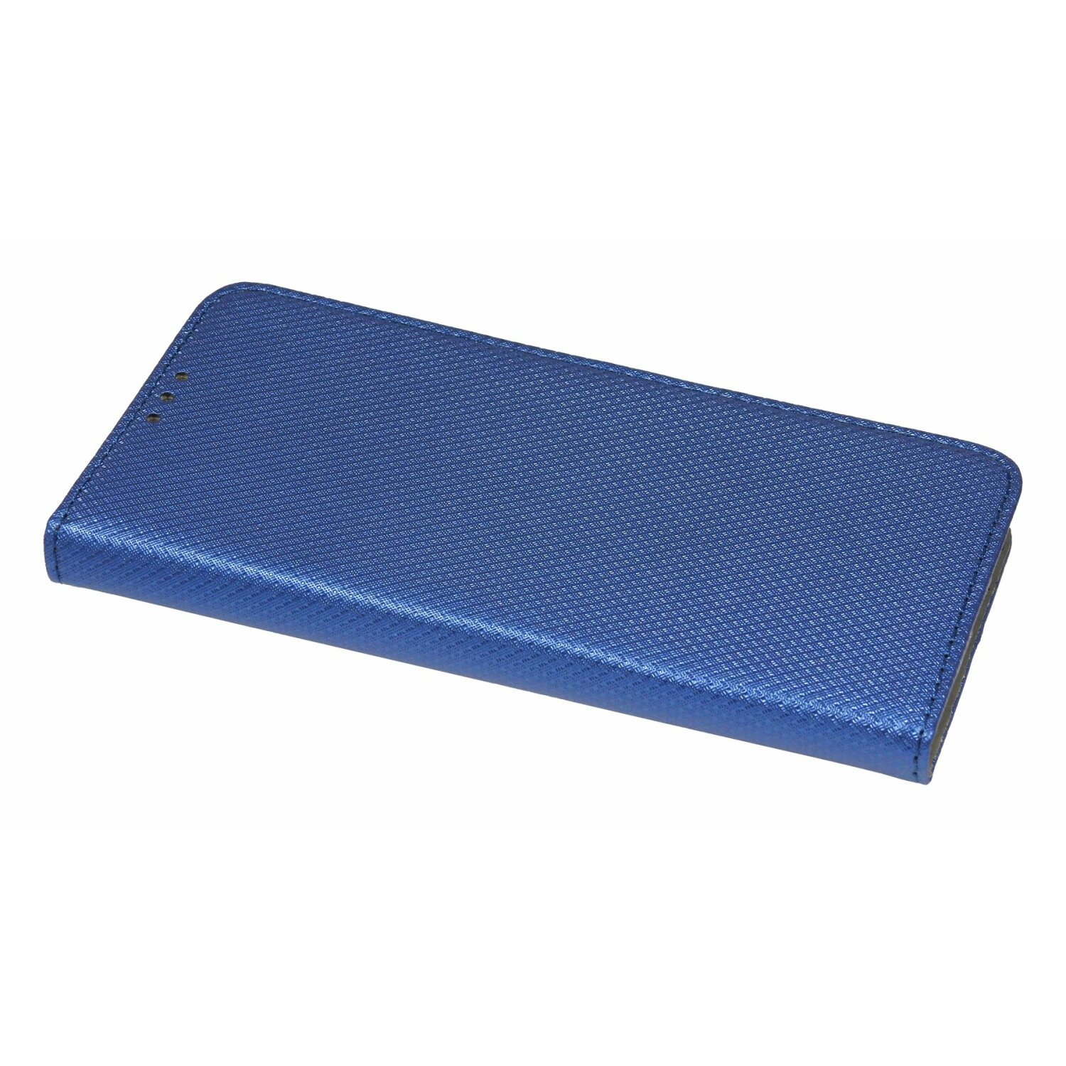 Eine blaue Handyhülle mit strukturiertem Muster, die auf einer weißen Oberfläche liegt.