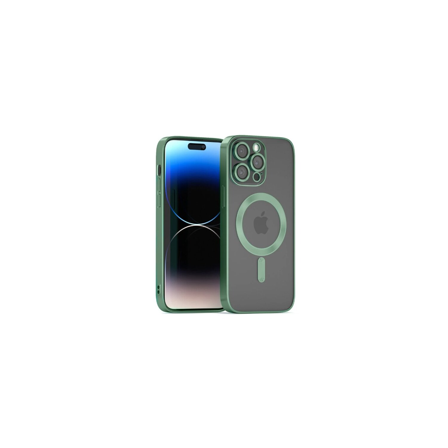 Due custodie per iPhone, una su un telefono, l'altra dietro. Entrambe le custodie sono verdi e trasparenti.