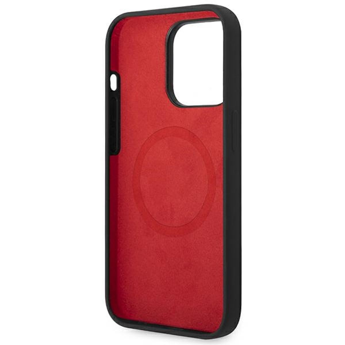 Schwarze iPhone-Hülle, rotes Innere, mit kreisförmigem magnetischem Ladebereich. Geöffnete Hülle.