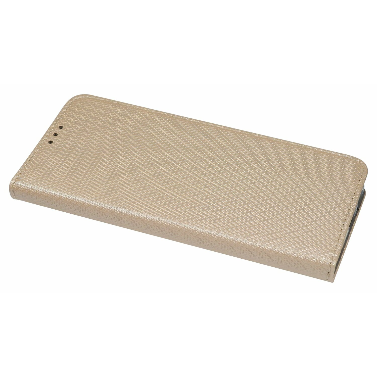 Beiges Leder-Handycase, geschlossen, mit geprägter Textur, auf weißem Hintergrund.