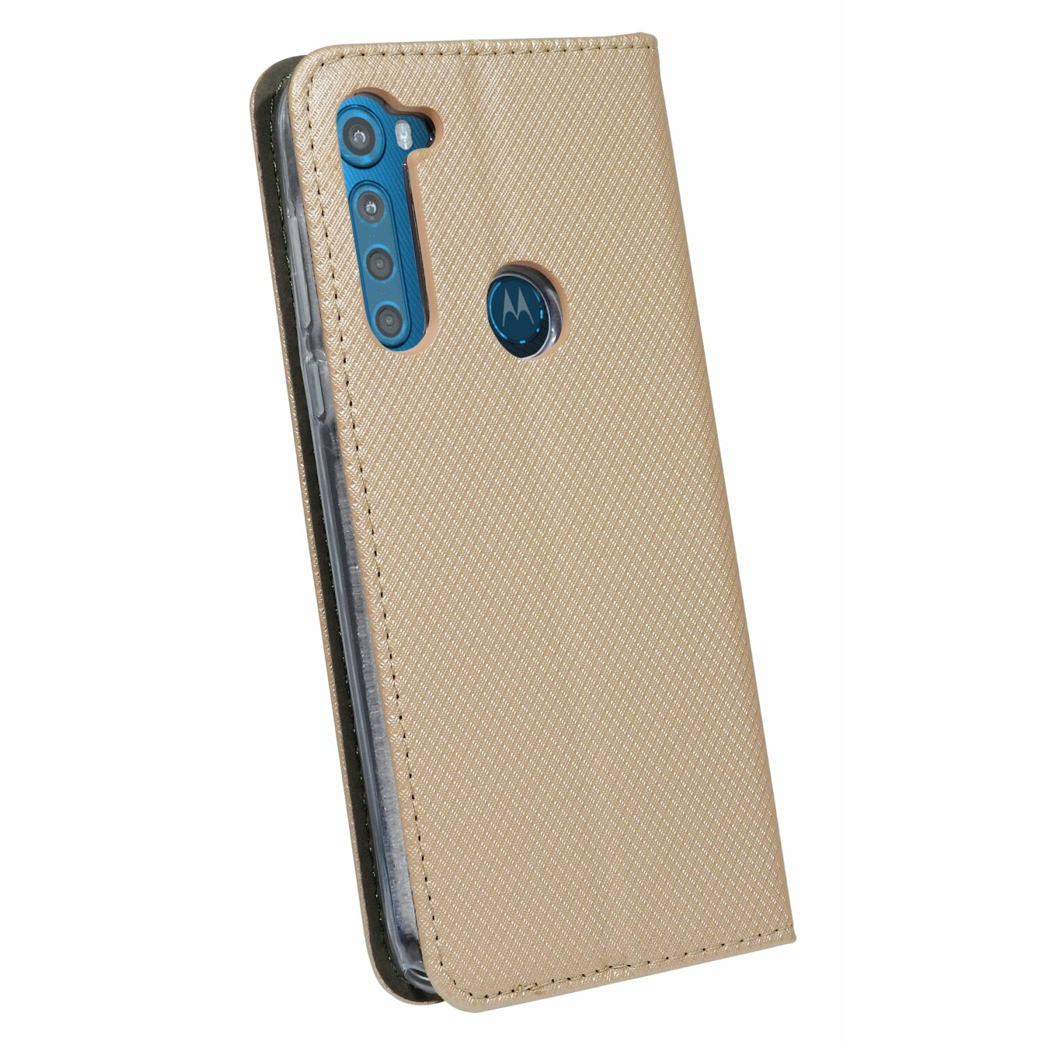 Eine goldfarbene Handyhülle, teilweise geöffnet, mit Kamera und Motorola-Logo.