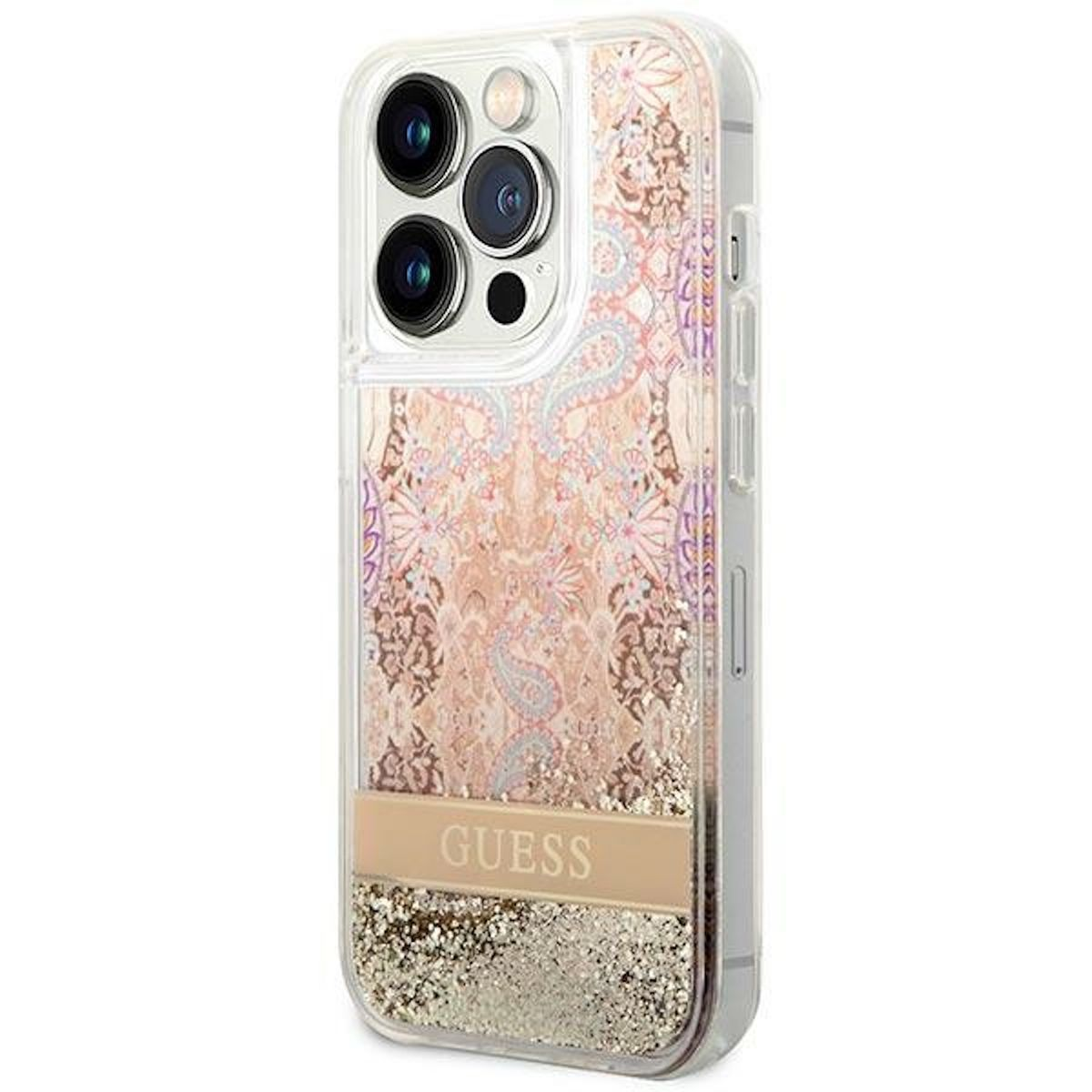 Custodia per iPhone con design floreale e glitter dorati di Guess.