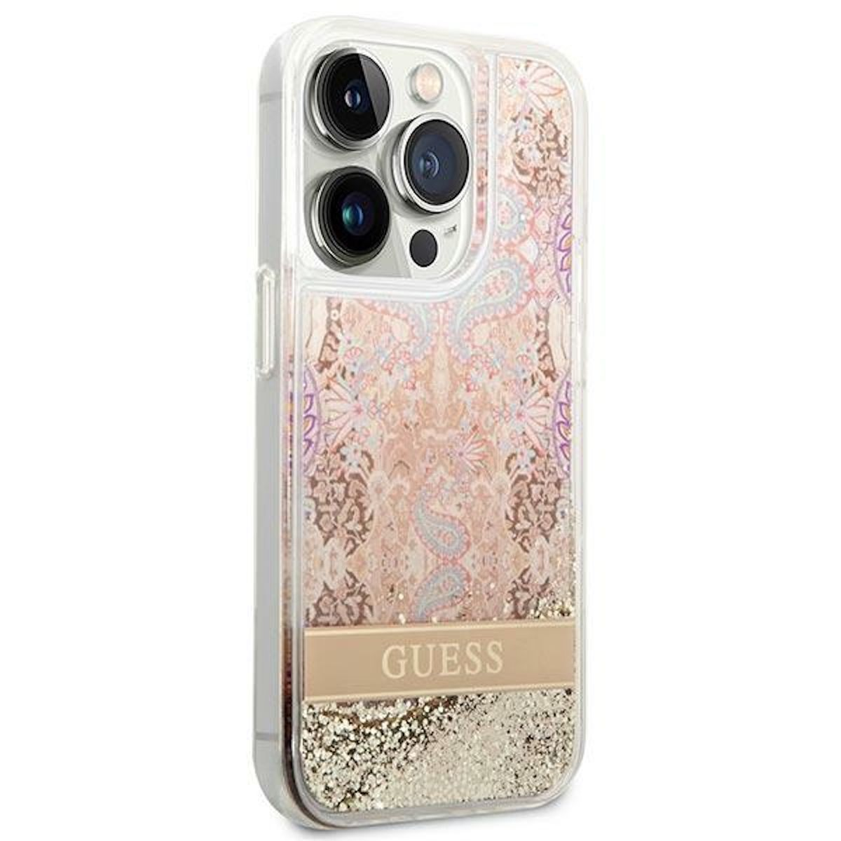 Una custodia per telefono Guess. È una custodia trasparente con un motivo a paisley rosa e beige. Il fondo è glitterato.