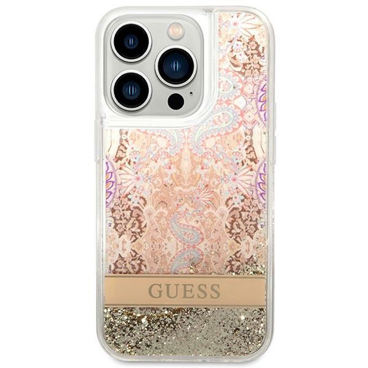 Una custodia per telefono con un design floreale e glitterato e la scritta 'GUESS'.