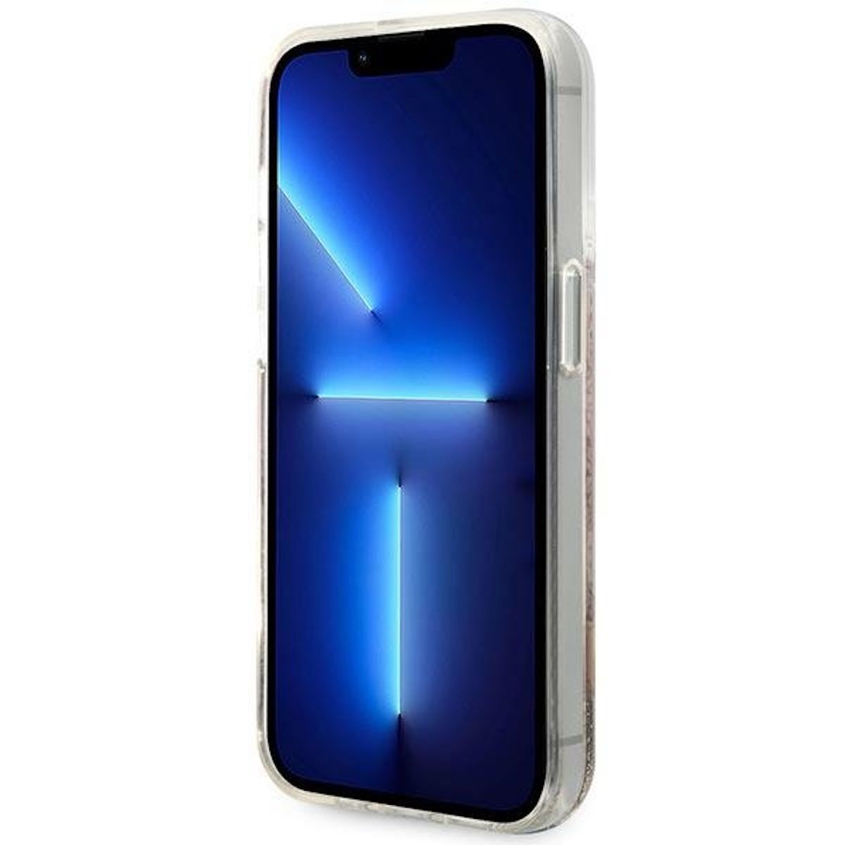 iPhone in una custodia trasparente, che mostra lo schermo con un display a luce blu.