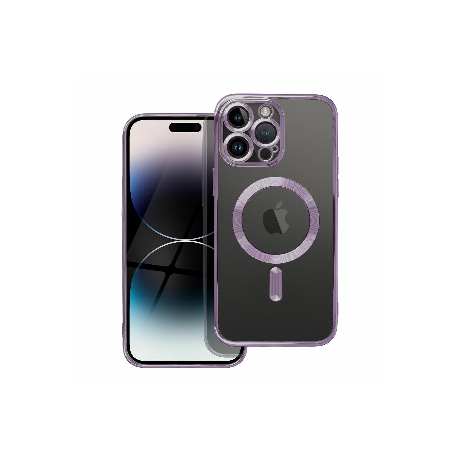 iPhone con custodia viola. La custodia è trasparente con cornice viola e anello magnetico circolare.