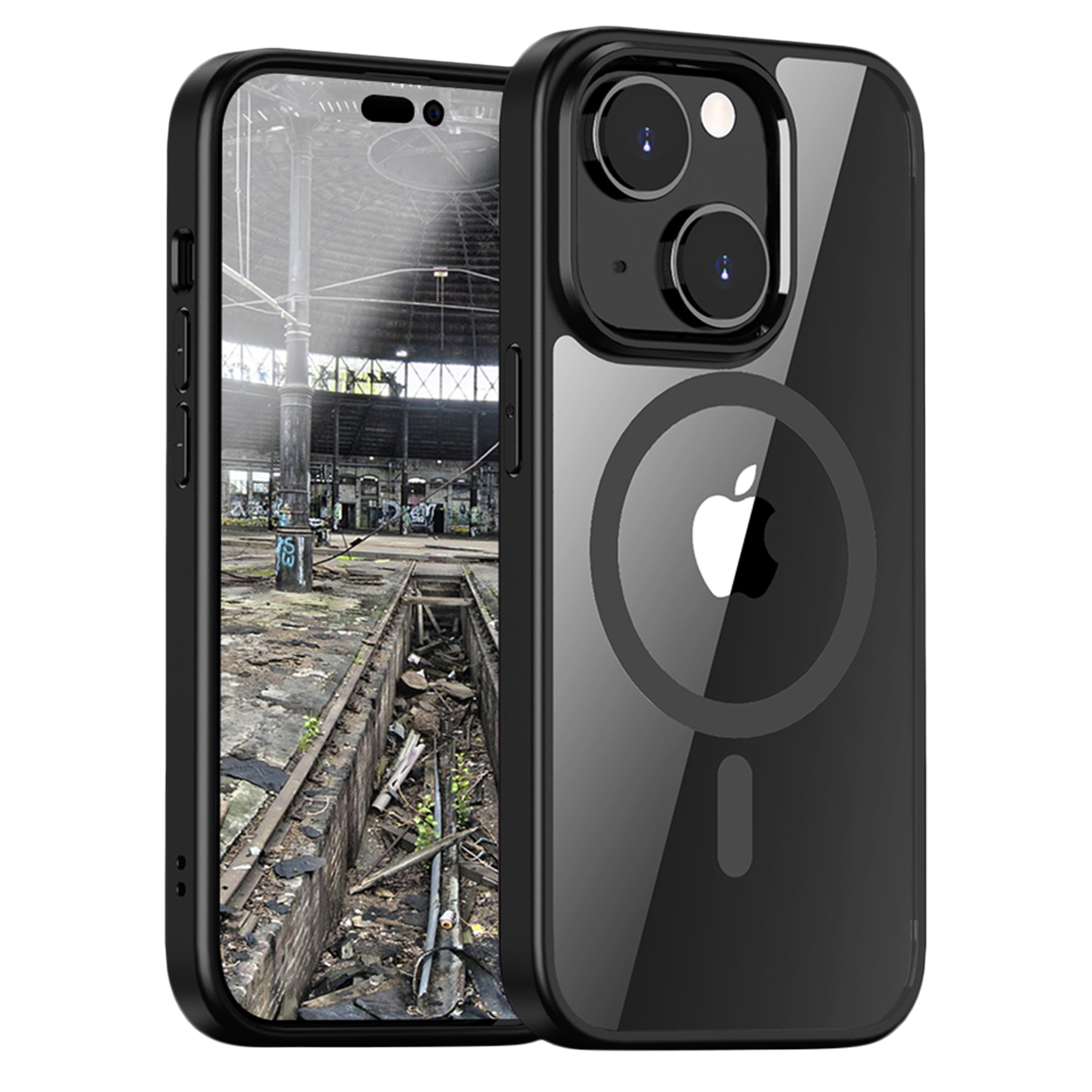 Schwarze Handyhülle mit einem Telefon darin. Die Hülle hat eine transparente Rückseite mit dem Apple-Logo.