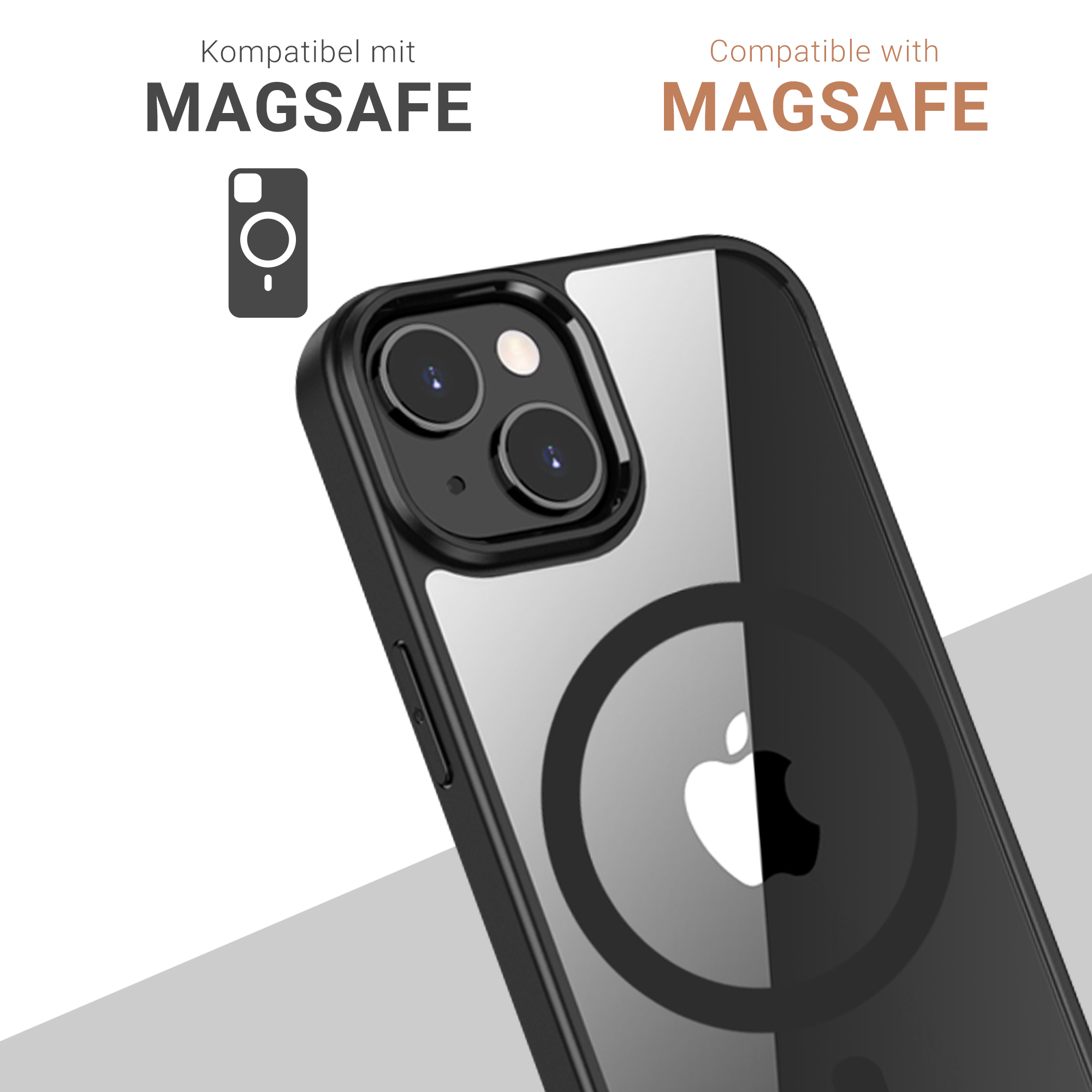 Schwarze Handyhülle mit Kameraausschnitten und MagSafe-Kreis, Text 'Compatible with MagSafe'.