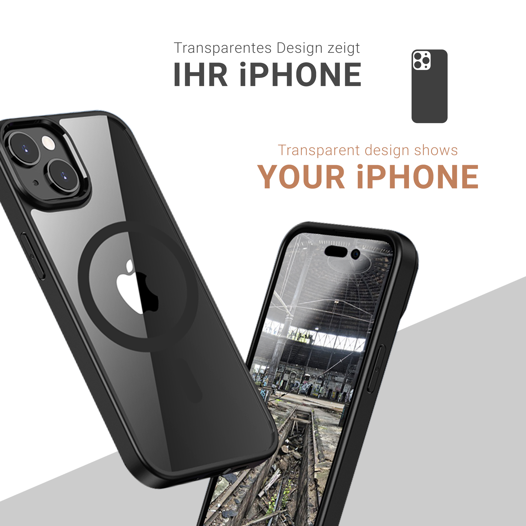Zwei iPhone-Hüllen, eine zeigt die Rückseite eines Telefons. Text sagt 'Ihr iPhone'.