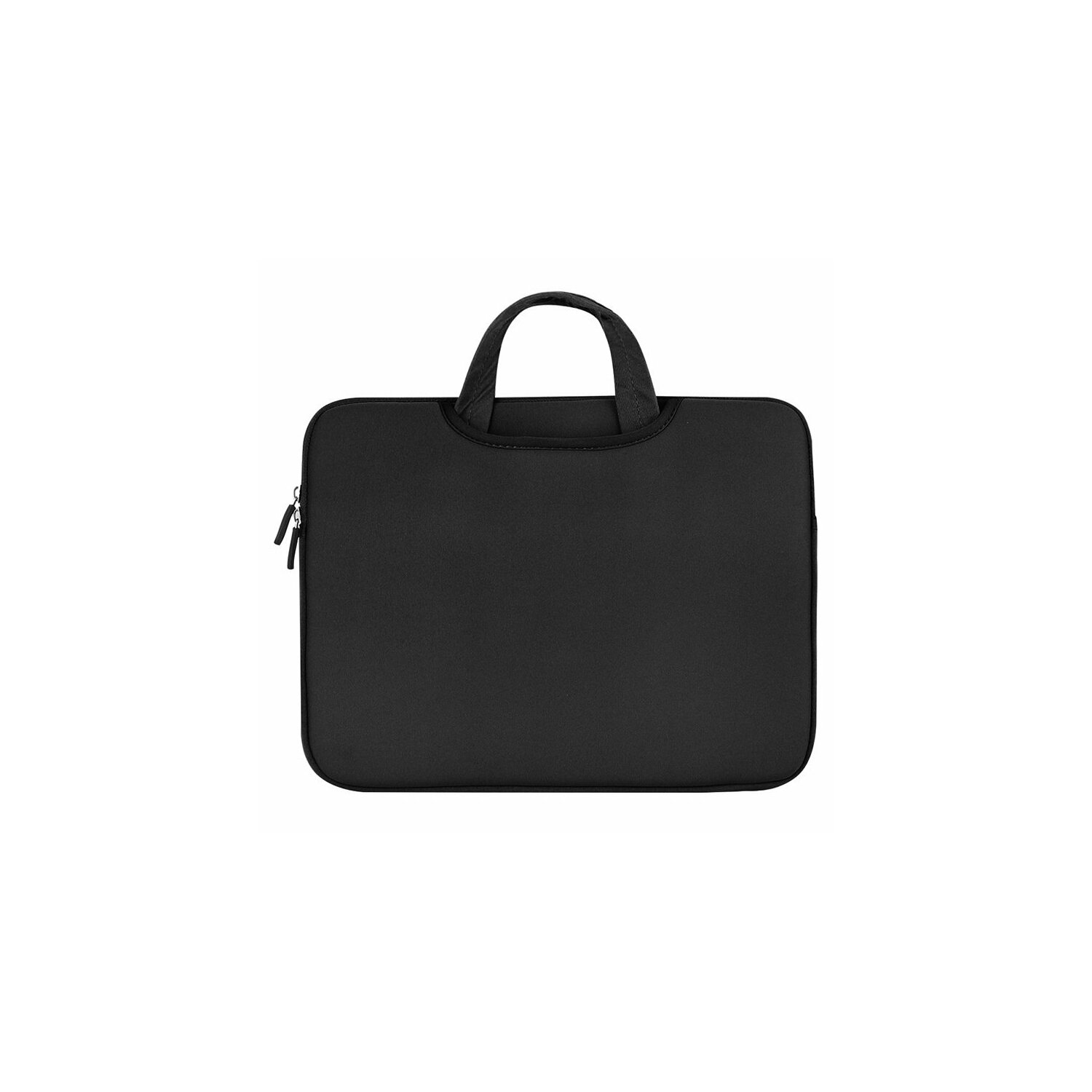 Eine schwarze Laptoptasche mit Griff und Reißverschluss, auf weißem Hintergrund.
