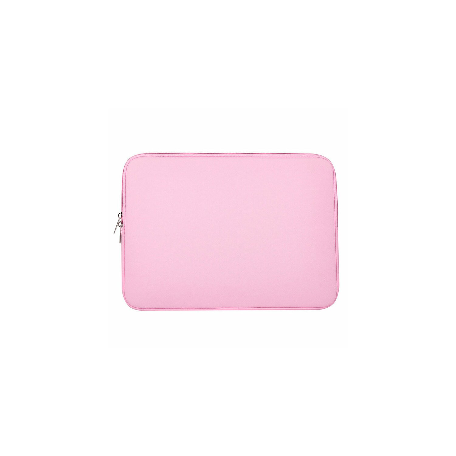 Rosa Laptop-Hülle mit Reißverschluss, flach auf einer weißen Oberfläche liegend.