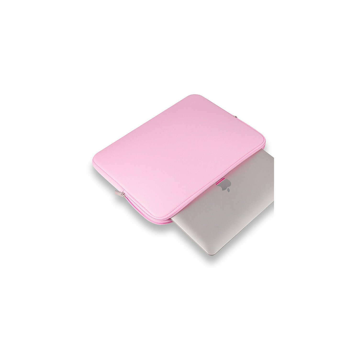 Eine rosa Laptop-Hülle mit einem Laptop darin. Der Laptop ist silber und hat ein Apple-Logo.