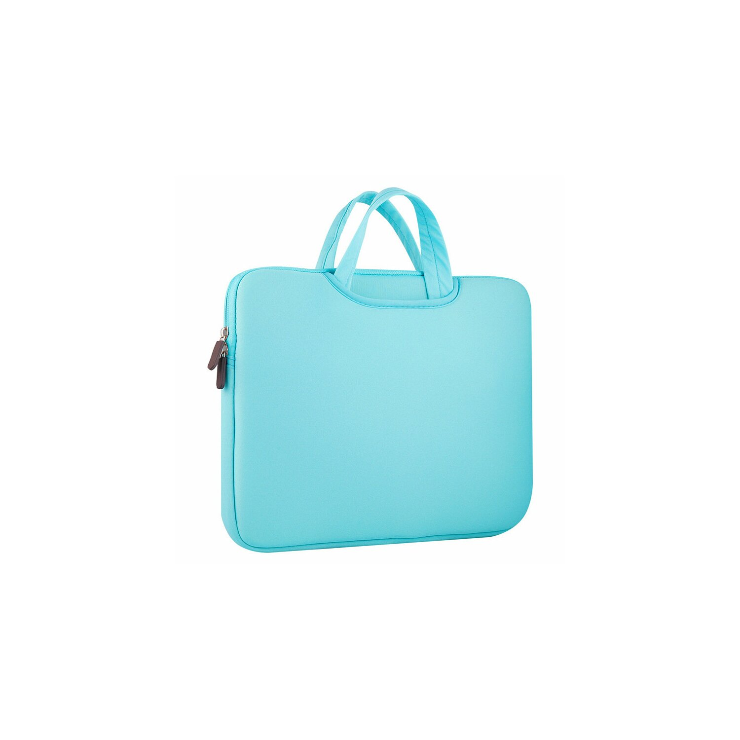 Hellblaue Laptoptasche mit Griffen. Die Tasche ist rechteckig und schlicht.