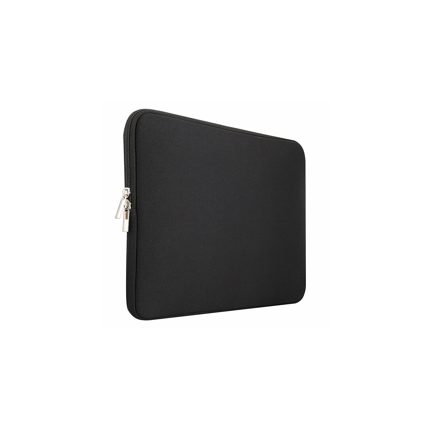 Custodia per laptop nera con cerniera. Sfondo bianco.