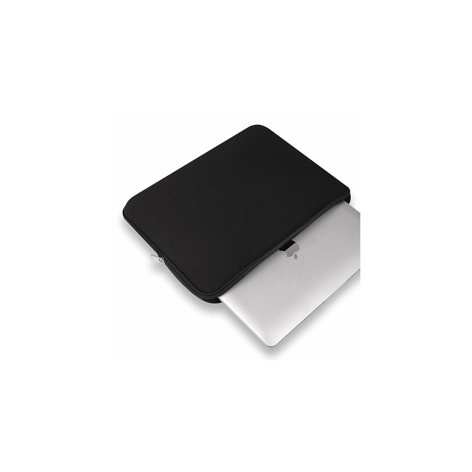 Un computer portatile nero all'interno di una custodia nera per laptop, visto dall'alto.