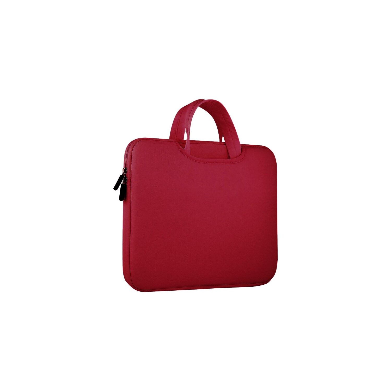 Rote Laptoptasche mit Griff und Reißverschluss auf weißem Hintergrund. Die Tasche ist rechteckig.